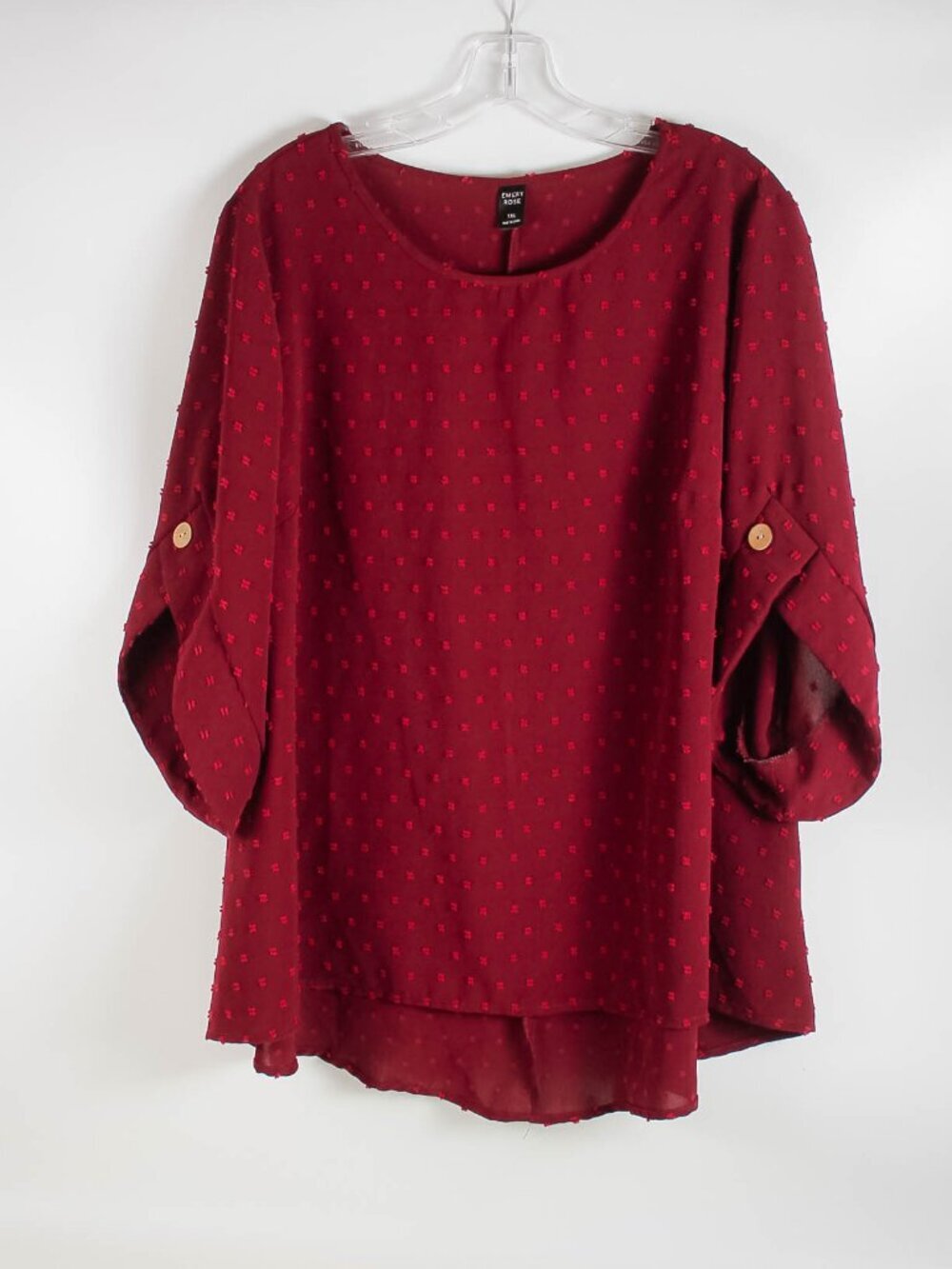 Emery Rose 1XL Burgundy Swiss Dot Blouse Roll Tab 3/4 Sleeve Sheer Hi-Low Top